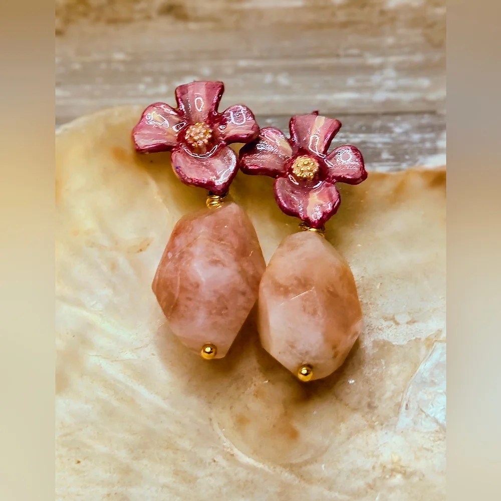 Handpainted Pink Flower & Natural Morganite In Chunky Gold Plated Earrings